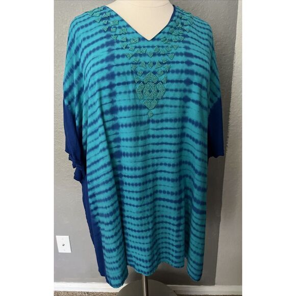 Catherine 2X3x Shirt/ Tunic Tie Died Green And Blue Beaded Bohemian‎ Lightweight - Picture 1 of 8